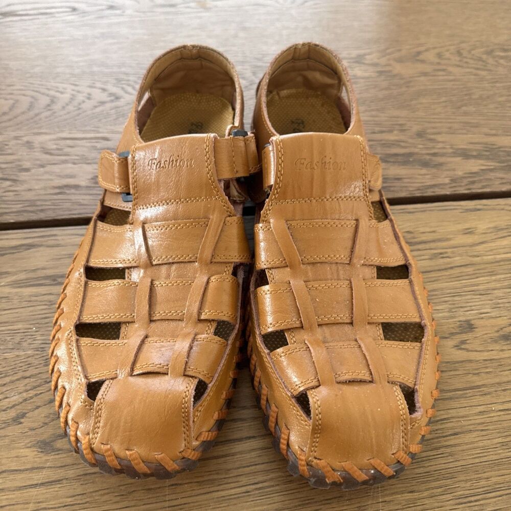 Men’s Tan Leather Closed Toe Fisherman Sandals Basket Weave Comfort Size 11 1/2